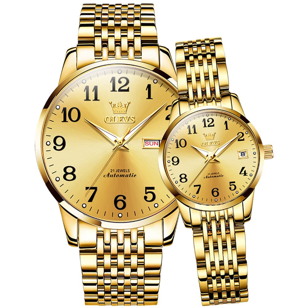 OLEVS 6666Q Stainless Steel Mechanical Big Numeral Couple Watches - All Gold Watch | Olevs Watch Store