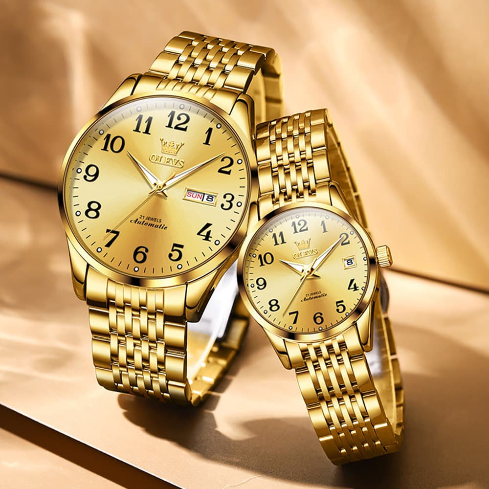 OLEVS 6666Q Stainless Steel Mechanical Big Numeral Couple Watches - All Gold Watch | Olevs Watch Store