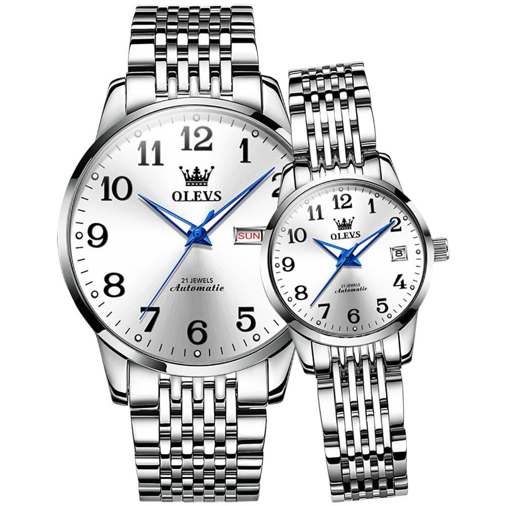 OLEVS 6666Q Stainless Steel Mechanical Big Numeral Couple Watches - Silver White Watch | Olevs Watch Store