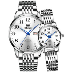 OLEVS 6666Q Stainless Steel Mechanical Big Numeral Couple Watches - Silver White Watch | Olevs Watch Store