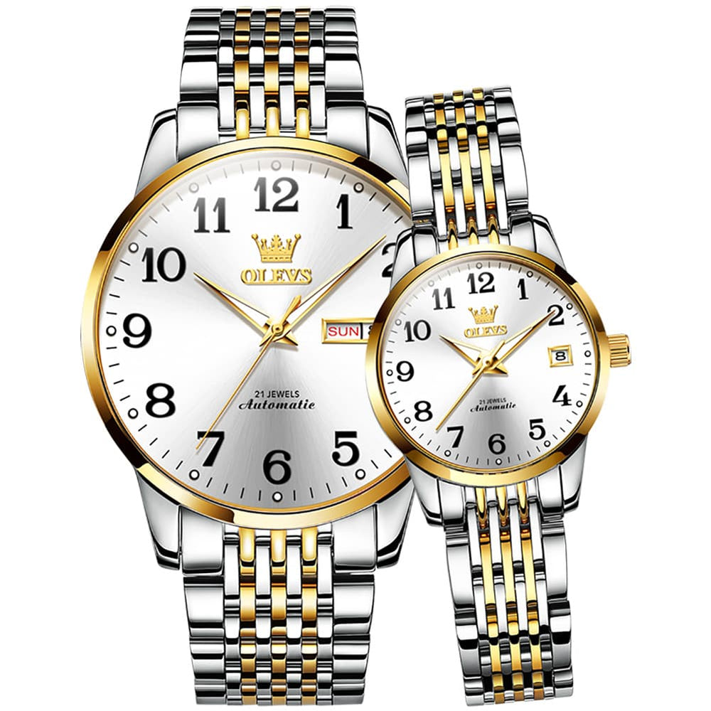 OLEVS 6666Q Stainless Steel Mechanical Big Numeral Couple Watches - Two-Tone White Watch | Olevs Watch Store