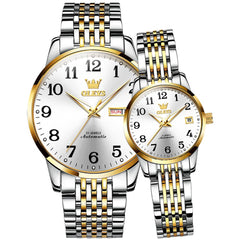 OLEVS 6666Q Stainless Steel Mechanical Big Numeral Couple Watches - Two-Tone White Watch | Olevs Watch Store