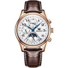 OLEVS 6667 Stainless Steel Mechanical Moon Phase Watch for Men - Leather Rose Gold White Watch | Olevs Watch Store