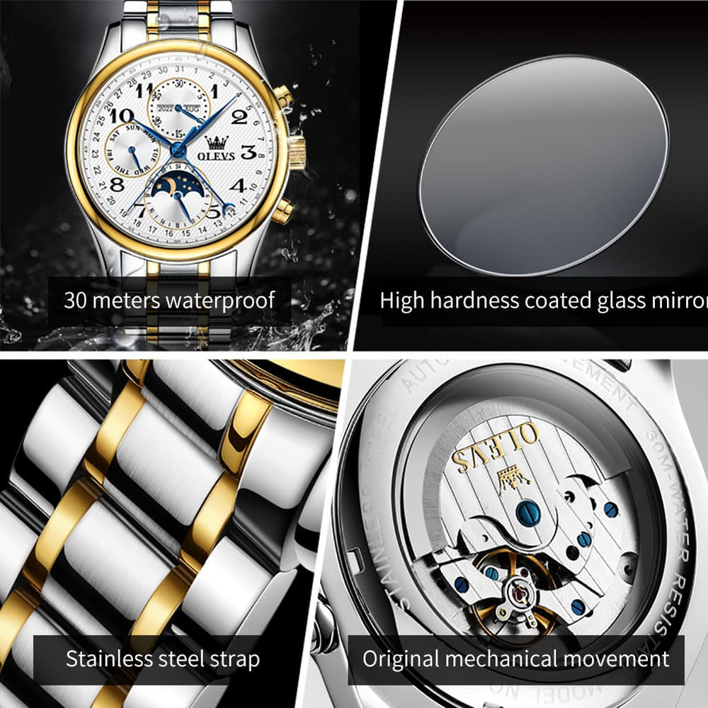 OLEVS 6667 Stainless Steel Mechanical Moon Phase Watch for Men - Leather Silver White Watch | Olevs Watch Store