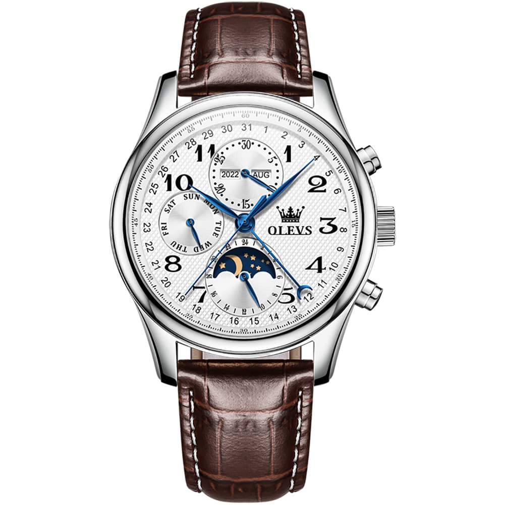OLEVS 6667 Stainless Steel Mechanical Moon Phase Watch for Men - Leather Silver White Watch | Olevs Watch Store