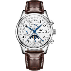 OLEVS 6667 Stainless Steel Mechanical Moon Phase Watch for Men - Leather Silver White Watch | Olevs Watch Store