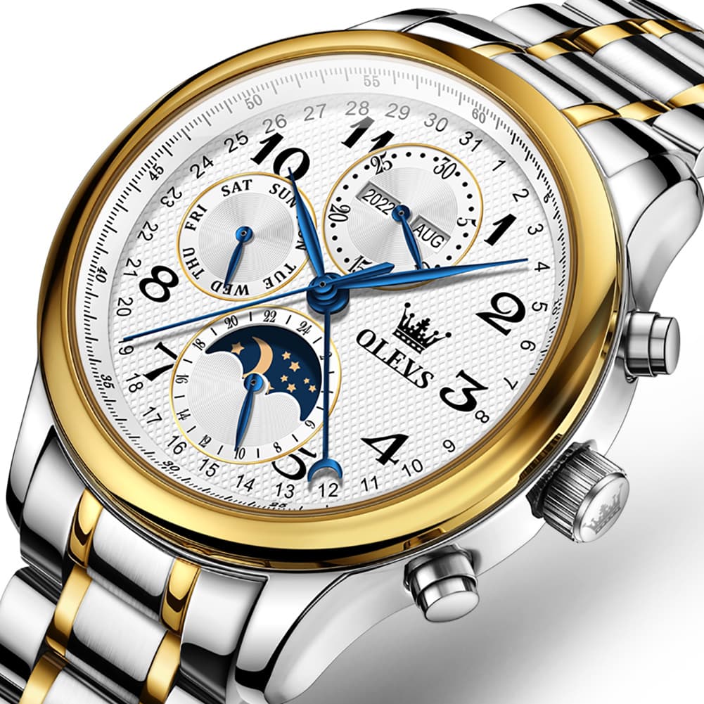 OLEVS 6667 Stainless Steel Mechanical Moon Phase Watch for Men - Leather Silver White Watch | Olevs Watch Store