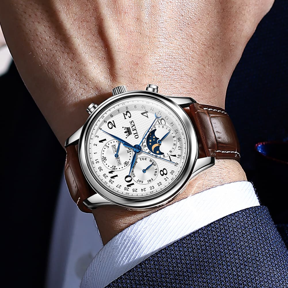 OLEVS 6667 Stainless Steel Mechanical Moon Phase Watch for Men - Leather Silver White Watch | Olevs Watch Store