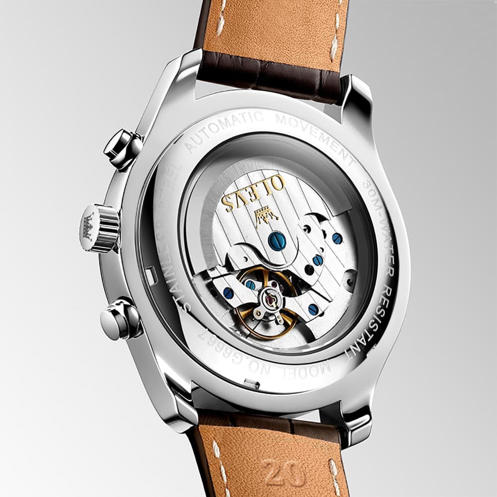 OLEVS 6667 Stainless Steel Mechanical Moon Phase Watch for Men - Leather Silver White Watch | Olevs Watch Store