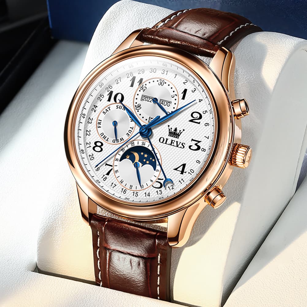 OLEVS 6667 Stainless Steel Mechanical Moon Phase Watch for Men - Leather Silver White Watch | Olevs Watch Store