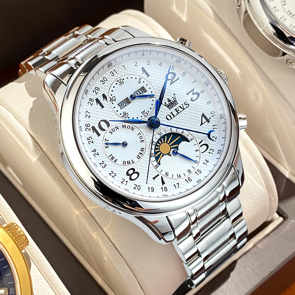 OLEVS 6667 Stainless Steel Mechanical Moon Phase Watch for Men - Leather Silver White Watch | Olevs Watch Store