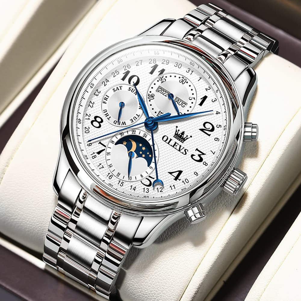 OLEVS 6667 Stainless Steel Mechanical Moon Phase Watch for Men - Leather Silver White Watch | Olevs Watch Store
