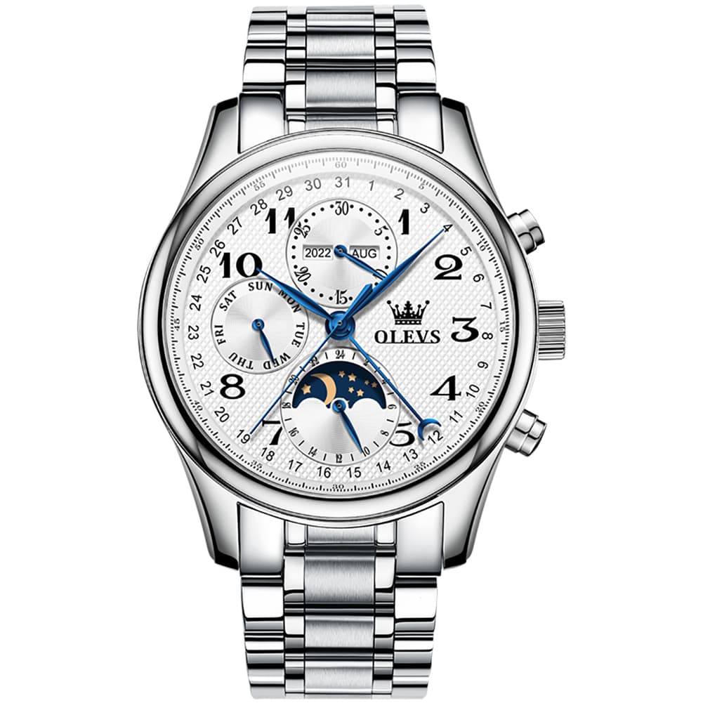 OLEVS 6667 Stainless Steel Mechanical Moon Phase Watch for Men - Silver White Watch | Olevs Watch Store