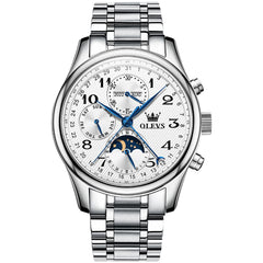 OLEVS 6667 Stainless Steel Mechanical Moon Phase Watch for Men - Silver White Watch | Olevs Watch Store