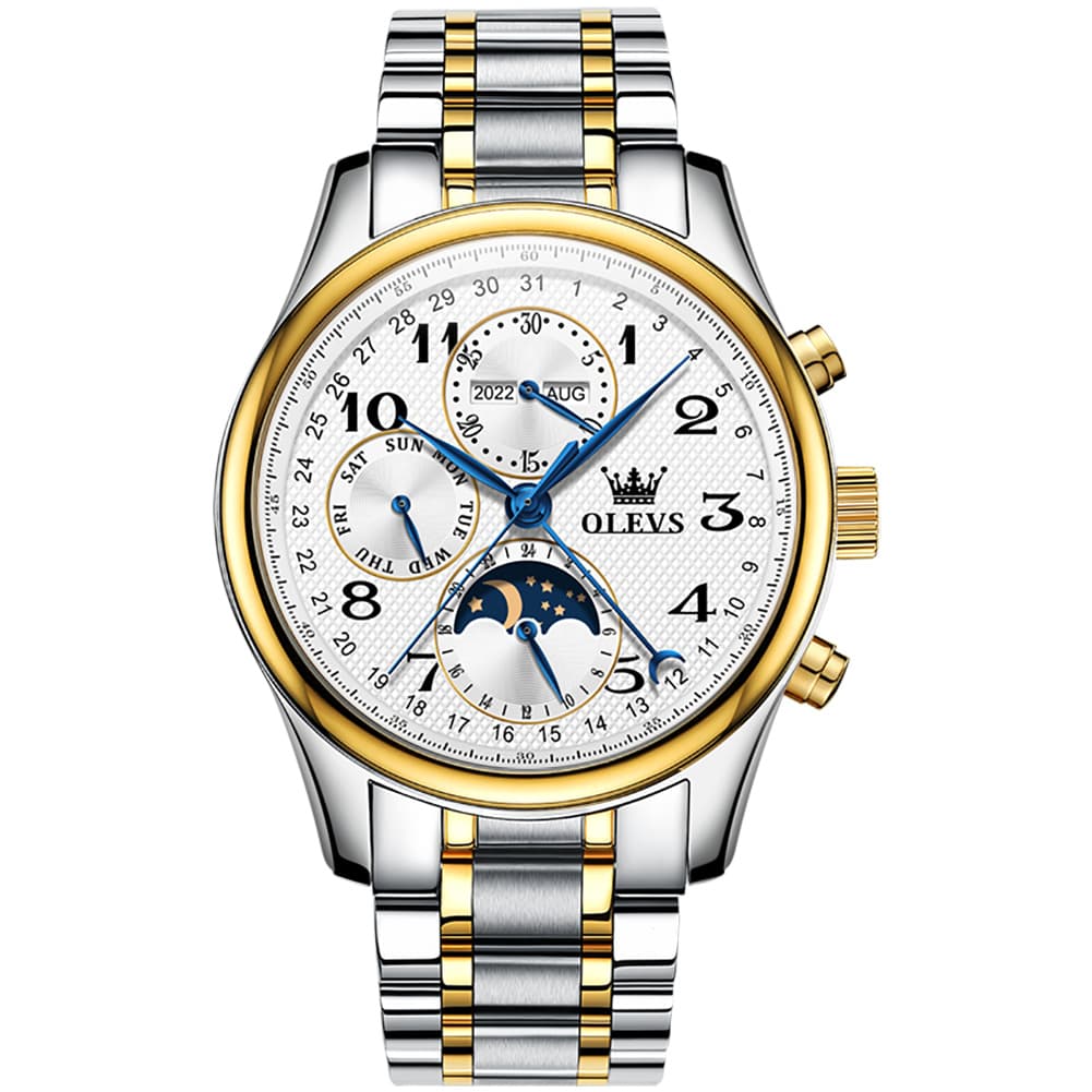 OLEVS 6667 Stainless Steel Mechanical Moon Phase Watch for Men - Two Tone White Watch | Olevs Watch Store
