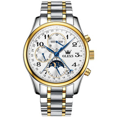 OLEVS 6667 Stainless Steel Mechanical Moon Phase Watch for Men - Two Tone White Watch | Olevs Watch Store