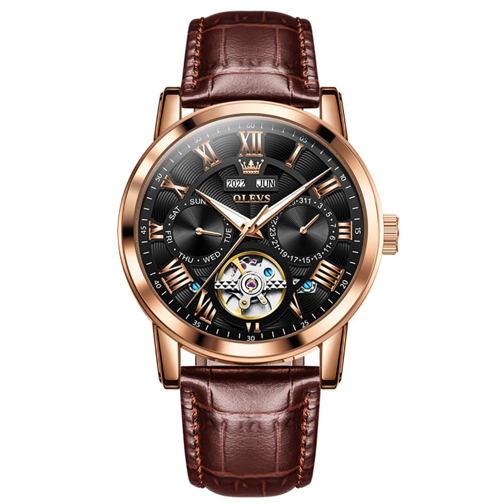 OLEVS 6668 Stainless Steel Mechanical Multifunction Watch for Men - Leather Rose Gold Black Watch | Olevs Watch Store