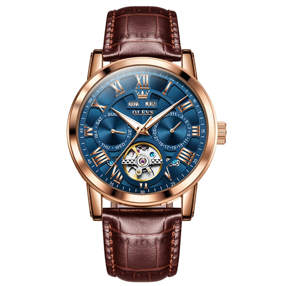 OLEVS 6668 Stainless Steel Mechanical Multifunction Watch for Men - Leather Rose Gold Blue Watch | Olevs Watch Store