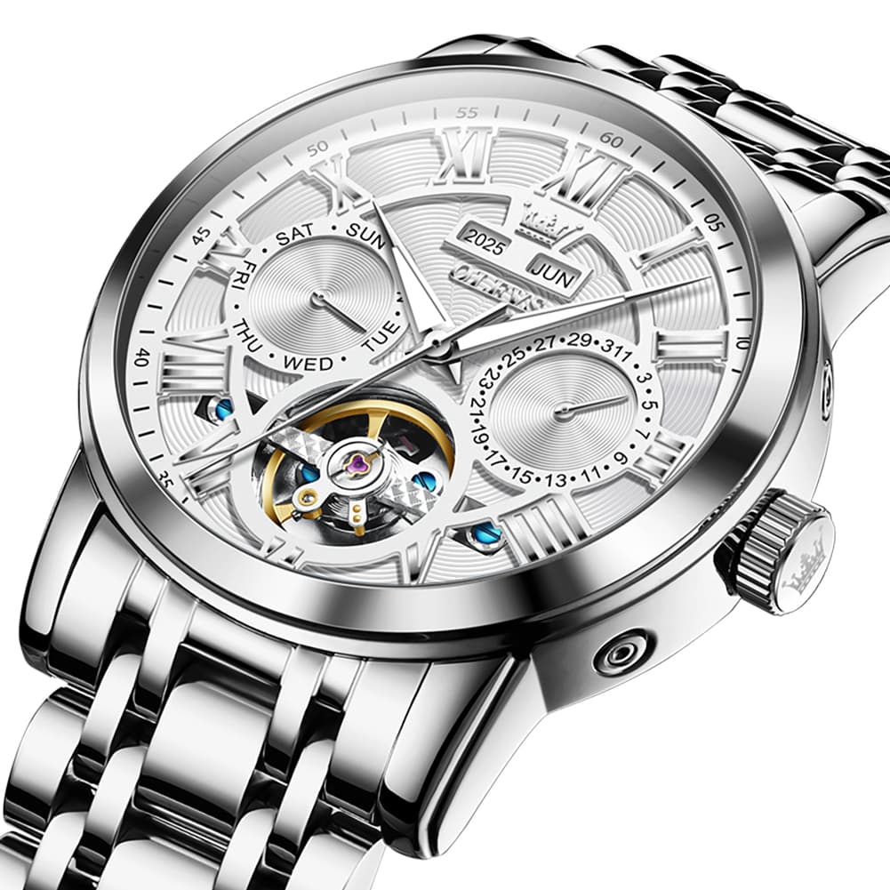 OLEVS 6668 Stainless Steel Mechanical Multifunction Watch for Men - Leather Silver Black Watch | Olevs Watch Store