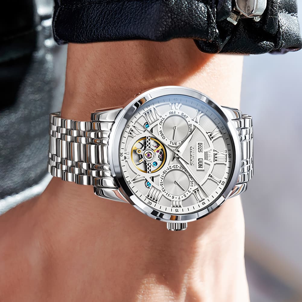 OLEVS 6668 Stainless Steel Mechanical Multifunction Watch for Men - Leather Silver Black Watch | Olevs Watch Store
