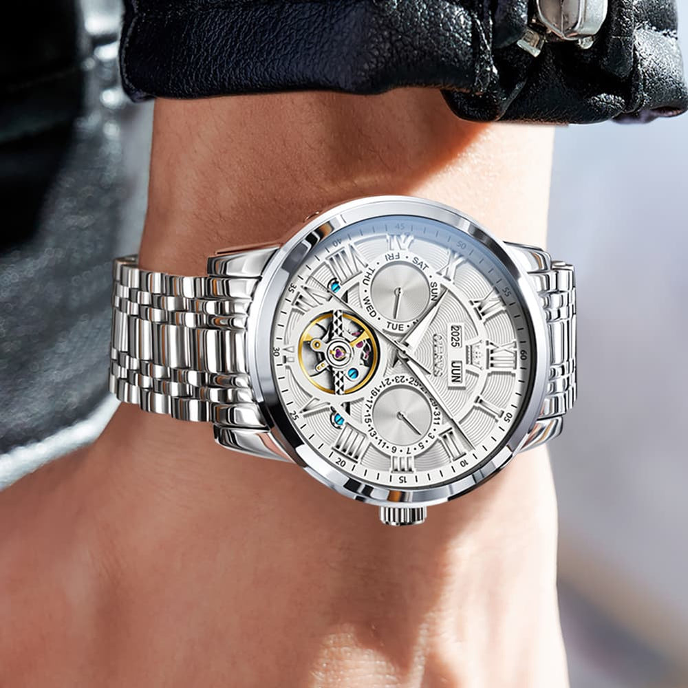 OLEVS 6668 Stainless Steel Mechanical Multifunction Watch for Men - Leather Silver Black Watch | Olevs Watch Store