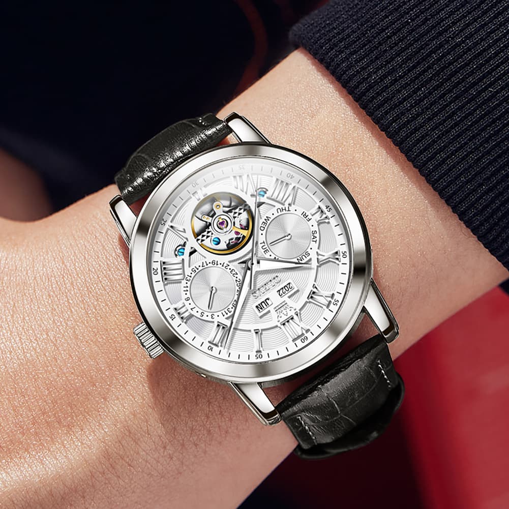 OLEVS 6668 Stainless Steel Mechanical Multifunction Watch for Men - Leather Silver Black Watch | Olevs Watch Store
