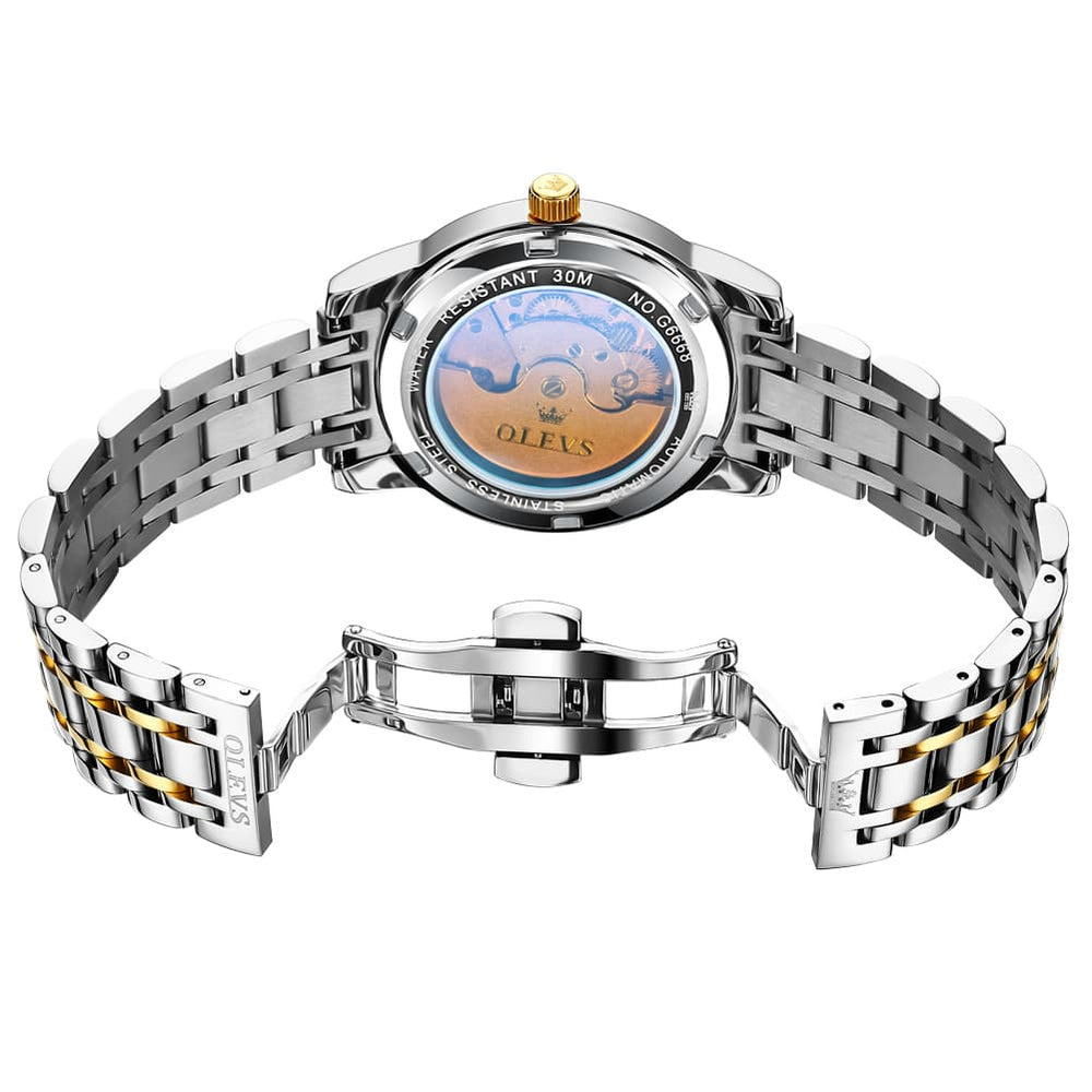 OLEVS 6668 Stainless Steel Mechanical Multifunction Watch for Men - Leather Silver Black Watch | Olevs Watch Store