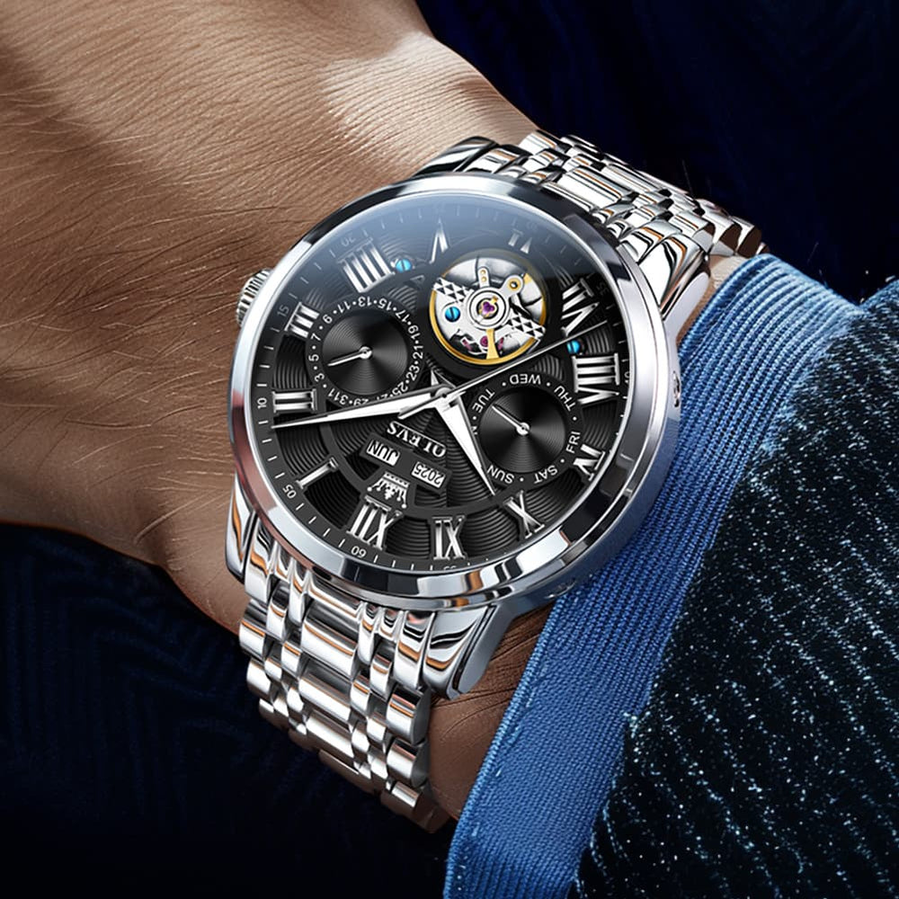 OLEVS 6668 Stainless Steel Mechanical Multifunction Watch for Men - Leather Silver Black Watch | Olevs Watch Store