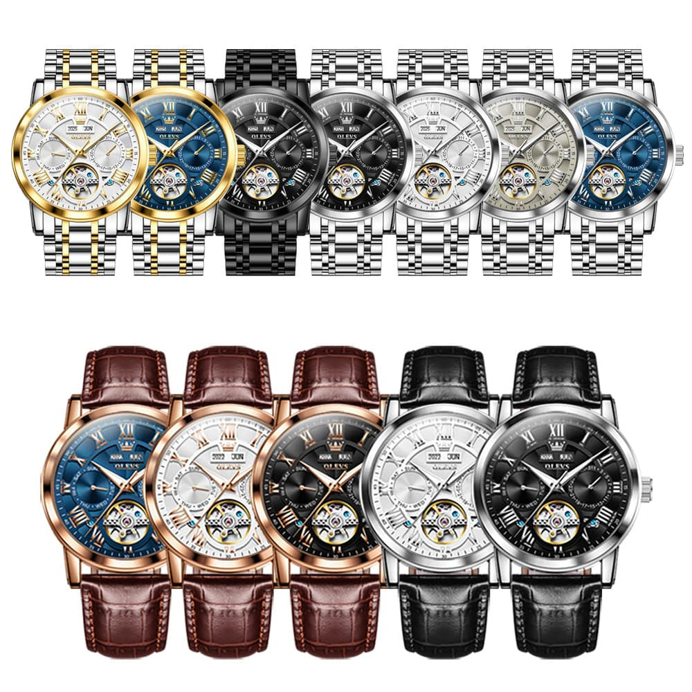 OLEVS 6668 Stainless Steel Mechanical Multifunction Watch for Men - Leather Silver Black Watch | Olevs Watch Store