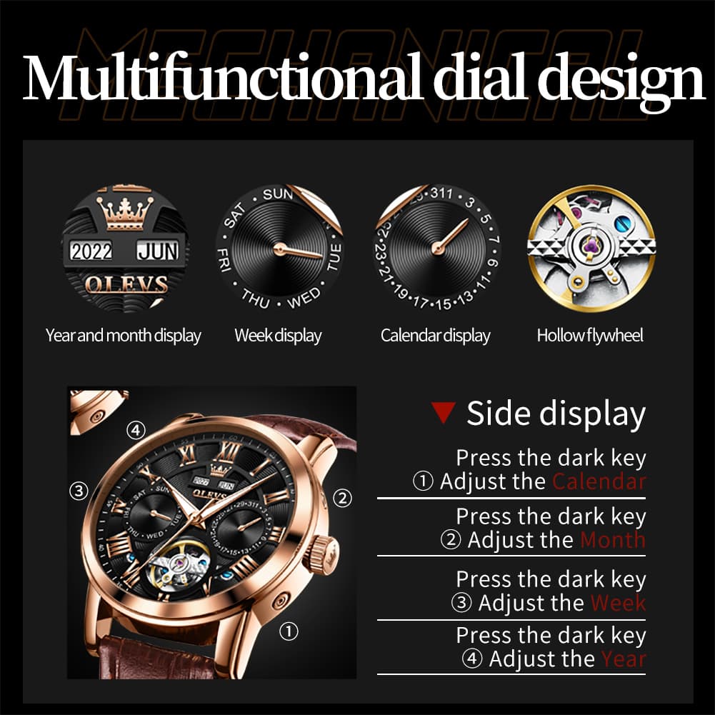 OLEVS 6668 Stainless Steel Mechanical Multifunction Watch for Men - Leather Silver Black Watch | Olevs Watch Store