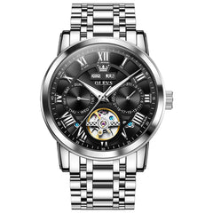 OLEVS 6668 Stainless Steel Mechanical Multifunction Watch for Men - Steel Silver Black Watch | Olevs Watch Store