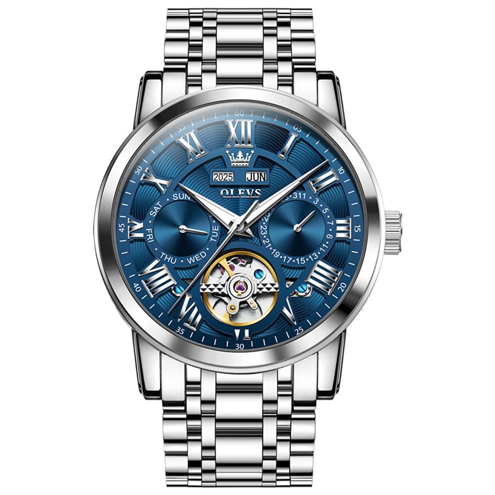 OLEVS 6668 Stainless Steel Mechanical Multifunction Watch for Men - Steel Silver Blue Watch | Olevs Watch Store
