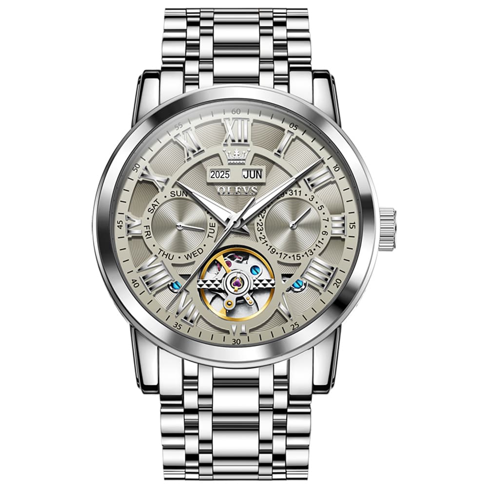 OLEVS 6668 Stainless Steel Mechanical Multifunction Watch for Men - Steel Silver Grey Watch | Olevs Watch Store