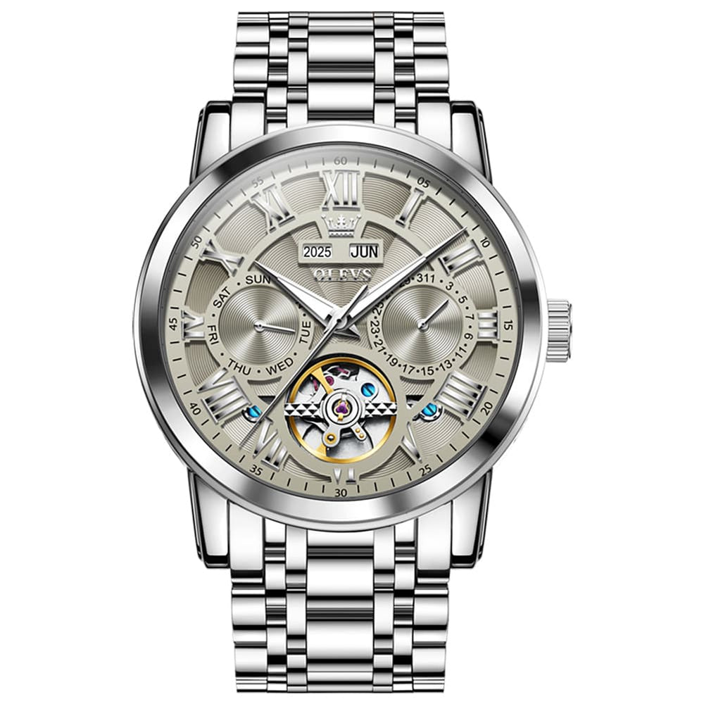 OLEVS 6668 Stainless Steel Mechanical Multifunction Watch for Men - Steel Silver Grey Watch | Olevs Watch Store