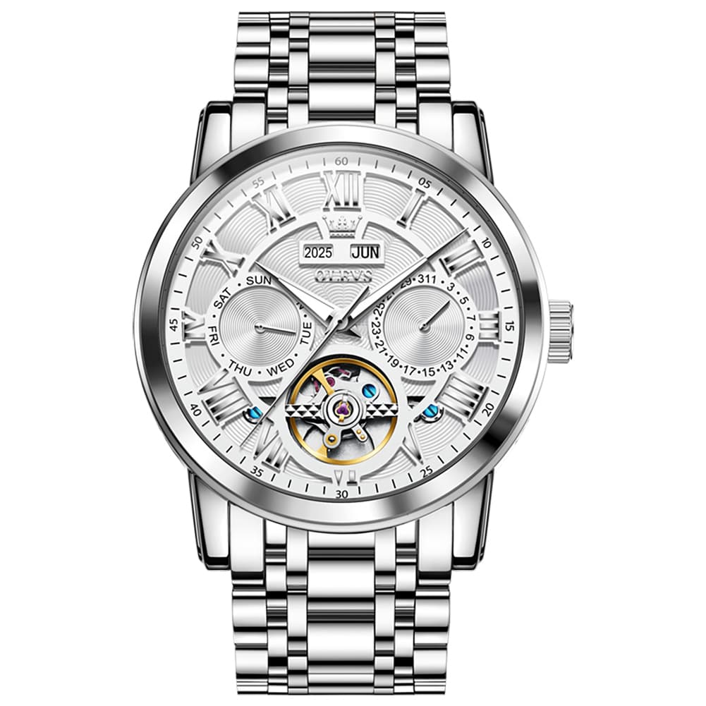 OLEVS 6668 Stainless Steel Mechanical Multifunction Watch for Men - Steel Silver White Watch | Olevs Watch Store