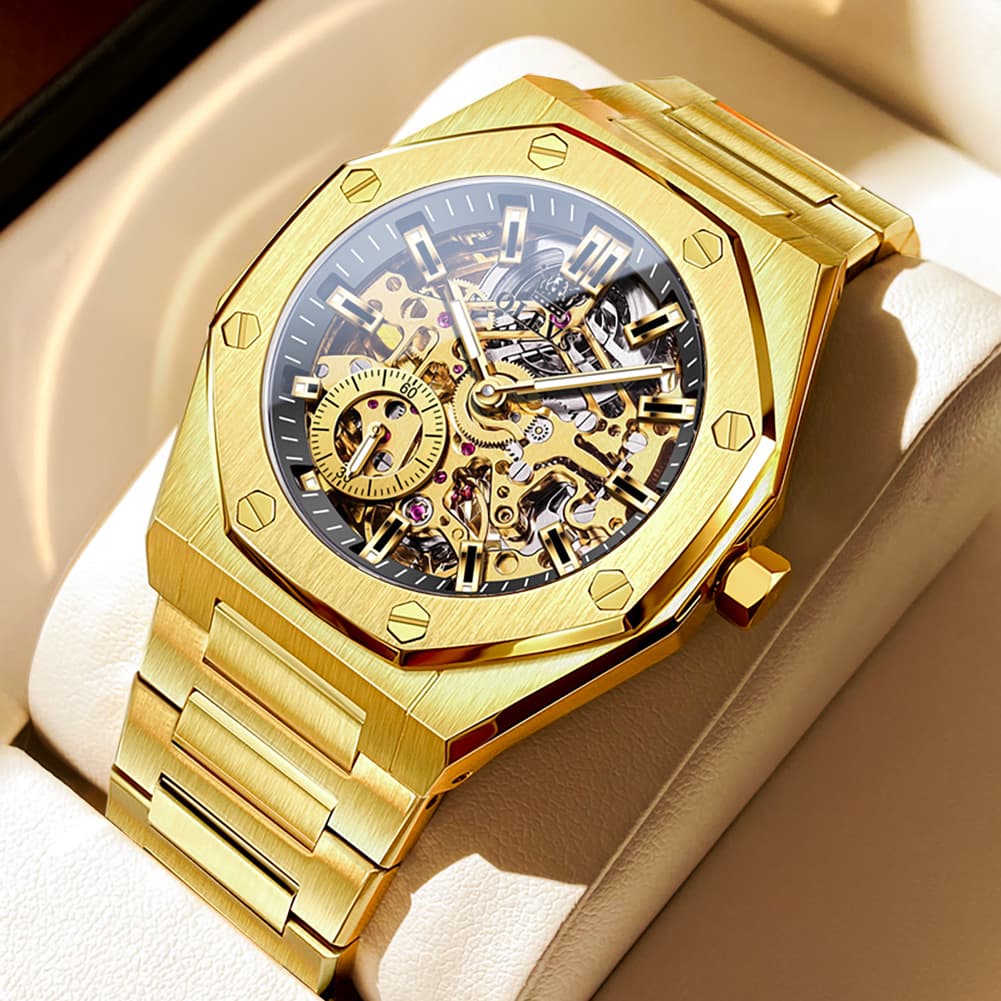 OLEVS 6669 Stainless Steel Octagonal Skeleton Watch for Men - All Black Watch | Olevs Watch Store