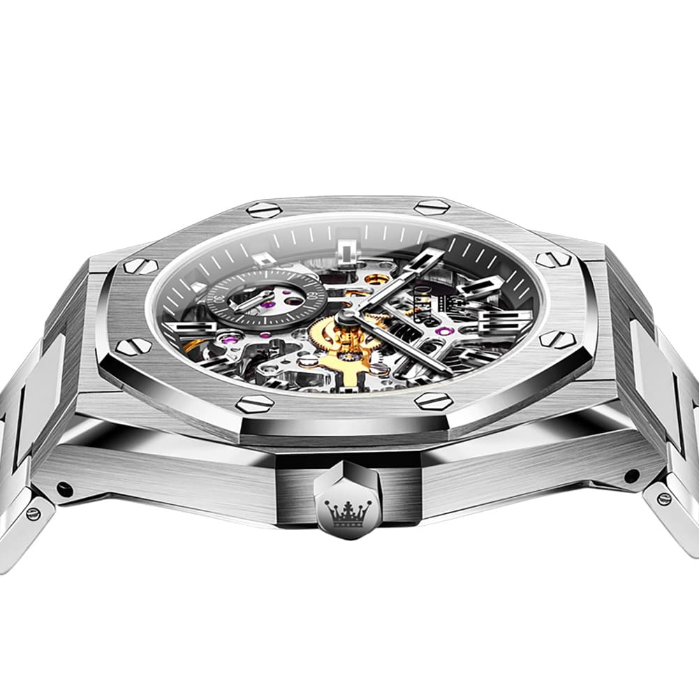 OLEVS 6669 Stainless Steel Octagonal Skeleton Watch for Men - All Black Watch | Olevs Watch Store