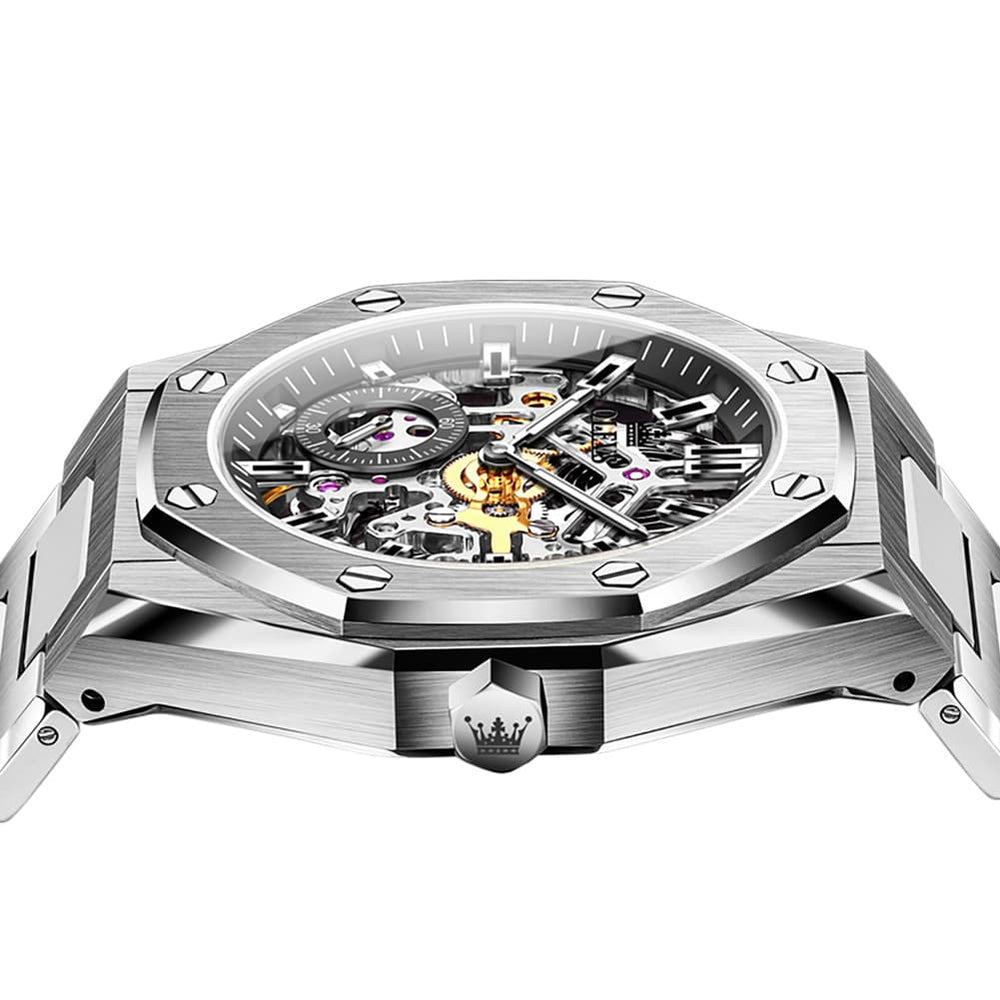 OLEVS 6669 Stainless Steel Octagonal Skeleton Watch for Men - All Black Watch | Olevs Watch Store