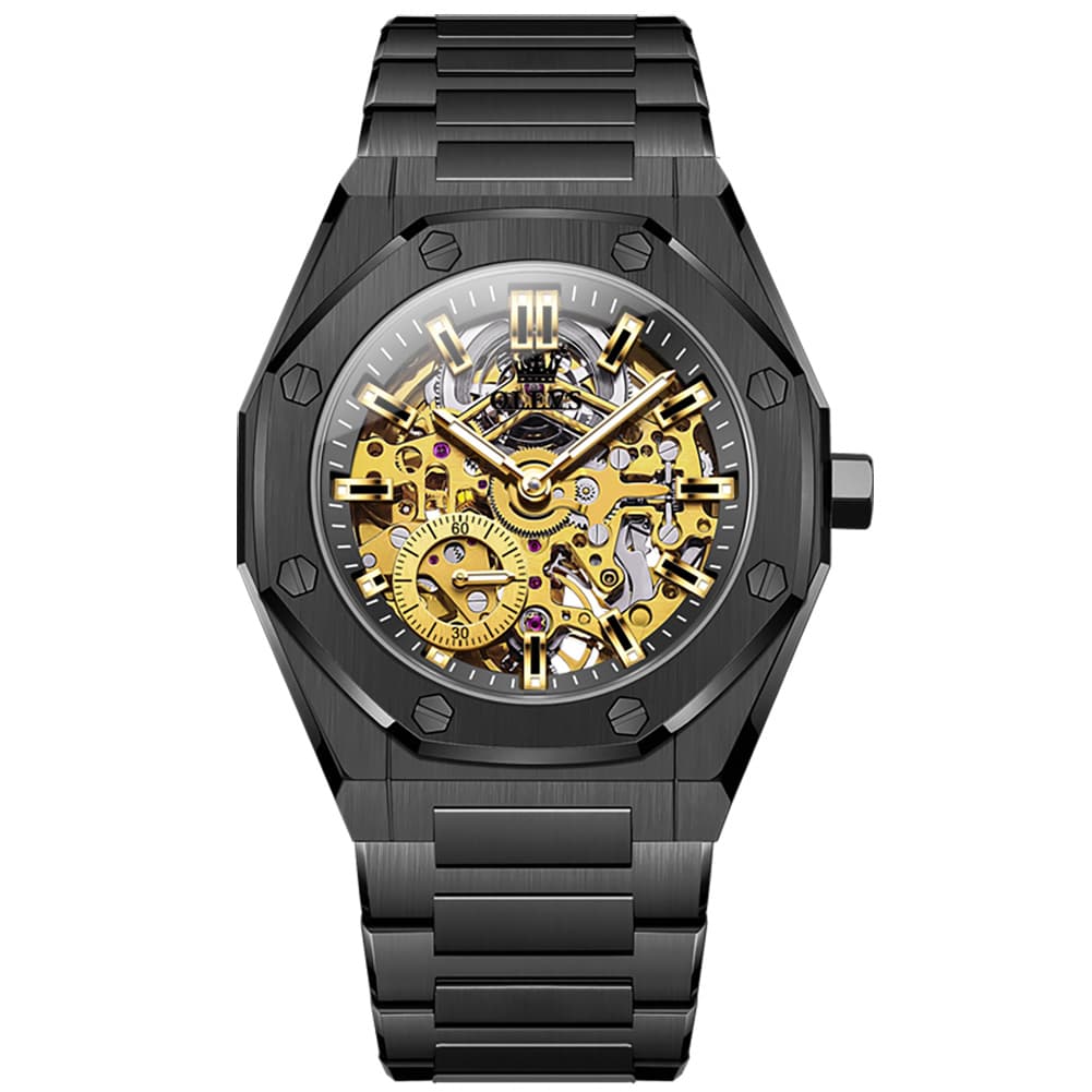 OLEVS 6669 Stainless Steel Octagonal Skeleton Watch for Men - All Black Watch | Olevs Watch Store