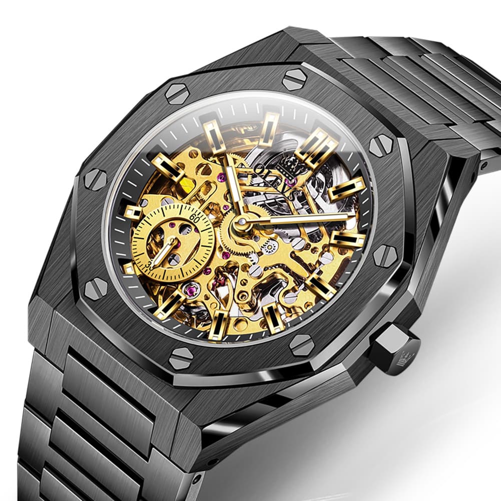 OLEVS 6669 Stainless Steel Octagonal Skeleton Watch for Men - All Black Watch | Olevs Watch Store