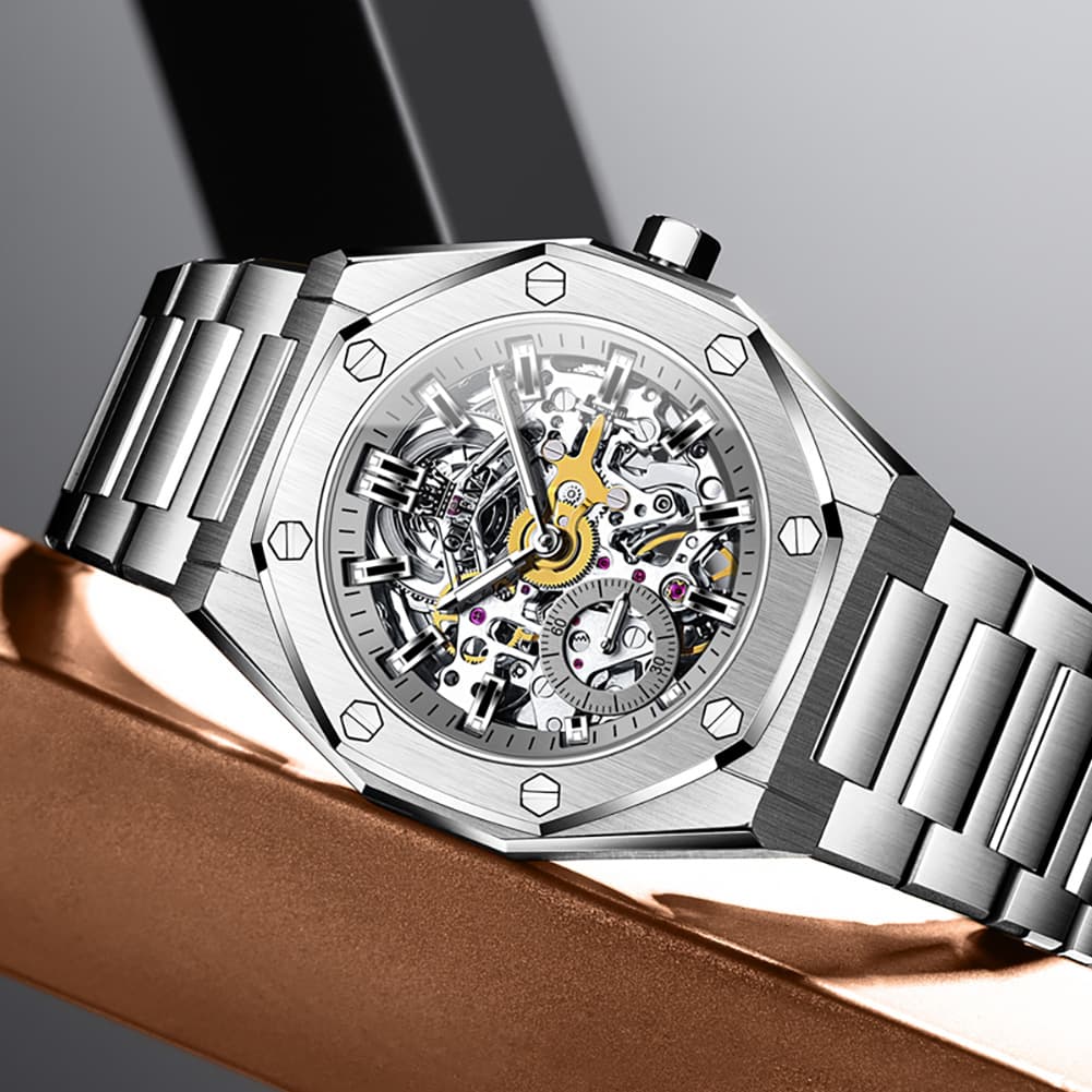 OLEVS 6669 Stainless Steel Octagonal Skeleton Watch for Men - All Black Watch | Olevs Watch Store