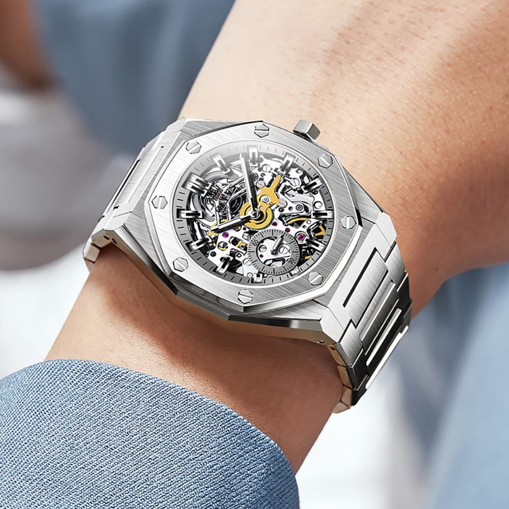 OLEVS 6669 Stainless Steel Octagonal Skeleton Watch for Men - All Black Watch | Olevs Watch Store