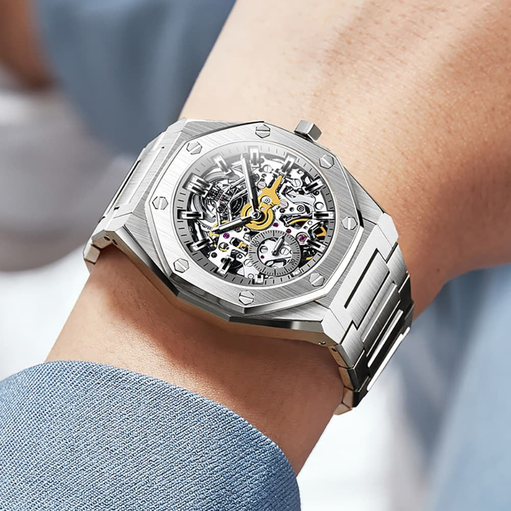 OLEVS 6669 Stainless Steel Octagonal Skeleton Watch for Men - All Black Watch | Olevs Watch Store