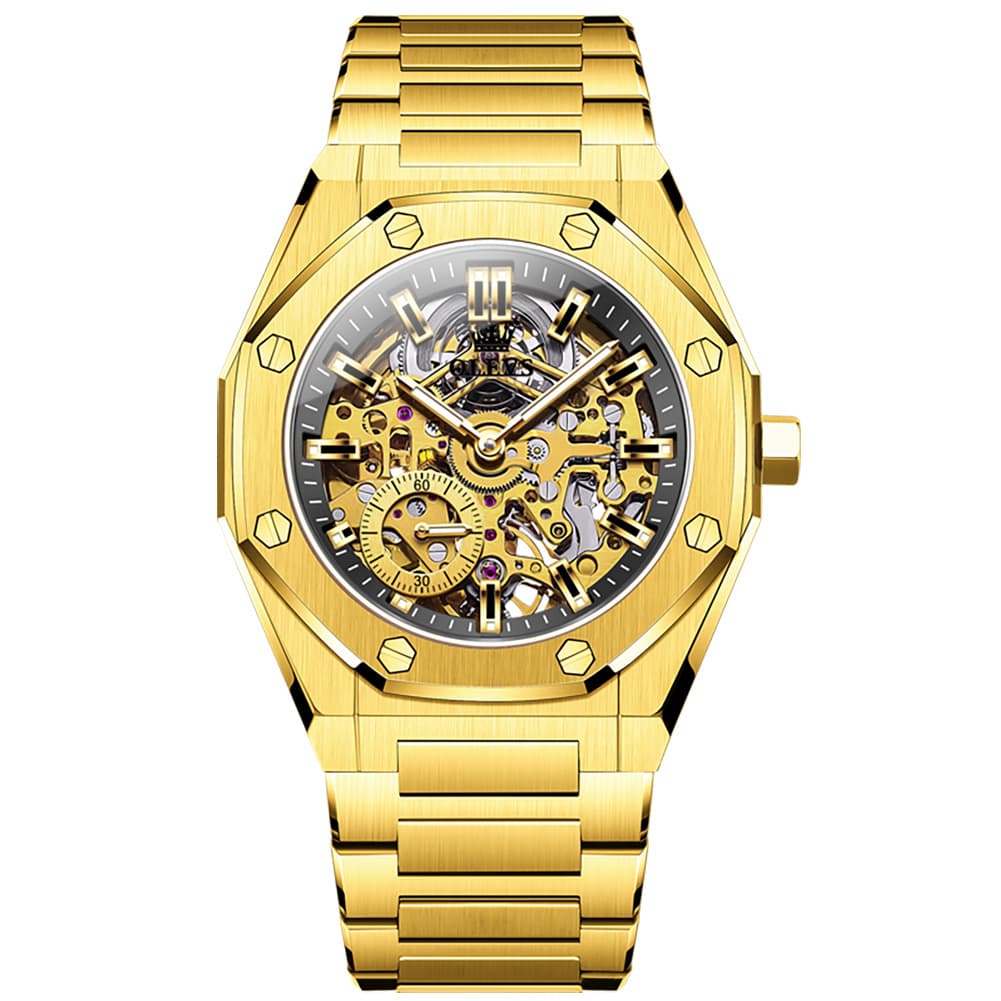 OLEVS 6669 Stainless Steel Octagonal Skeleton Watch for Men - All Black Watch | Olevs Watch Store