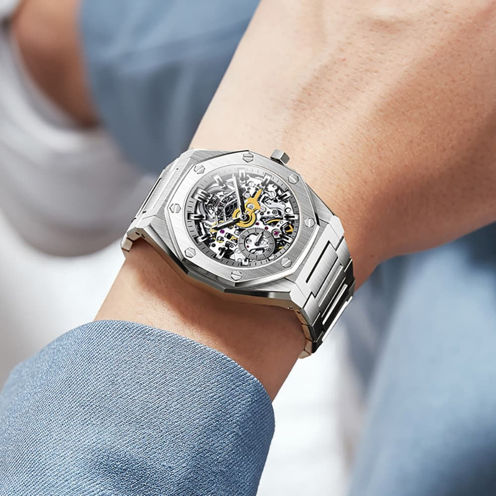 OLEVS 6669 Stainless Steel Octagonal Skeleton Watch for Men - All Black Watch | Olevs Watch Store