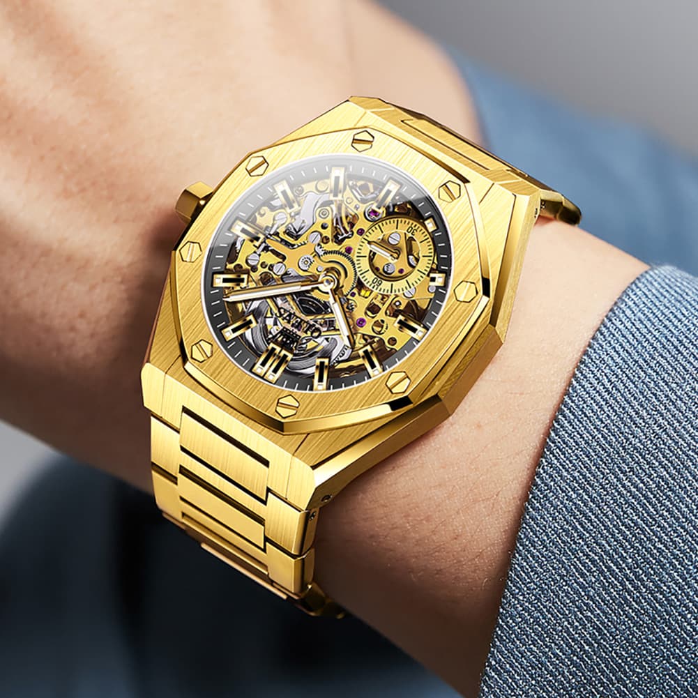 OLEVS 6669 Stainless Steel Octagonal Skeleton Watch for Men - All Black Watch | Olevs Watch Store