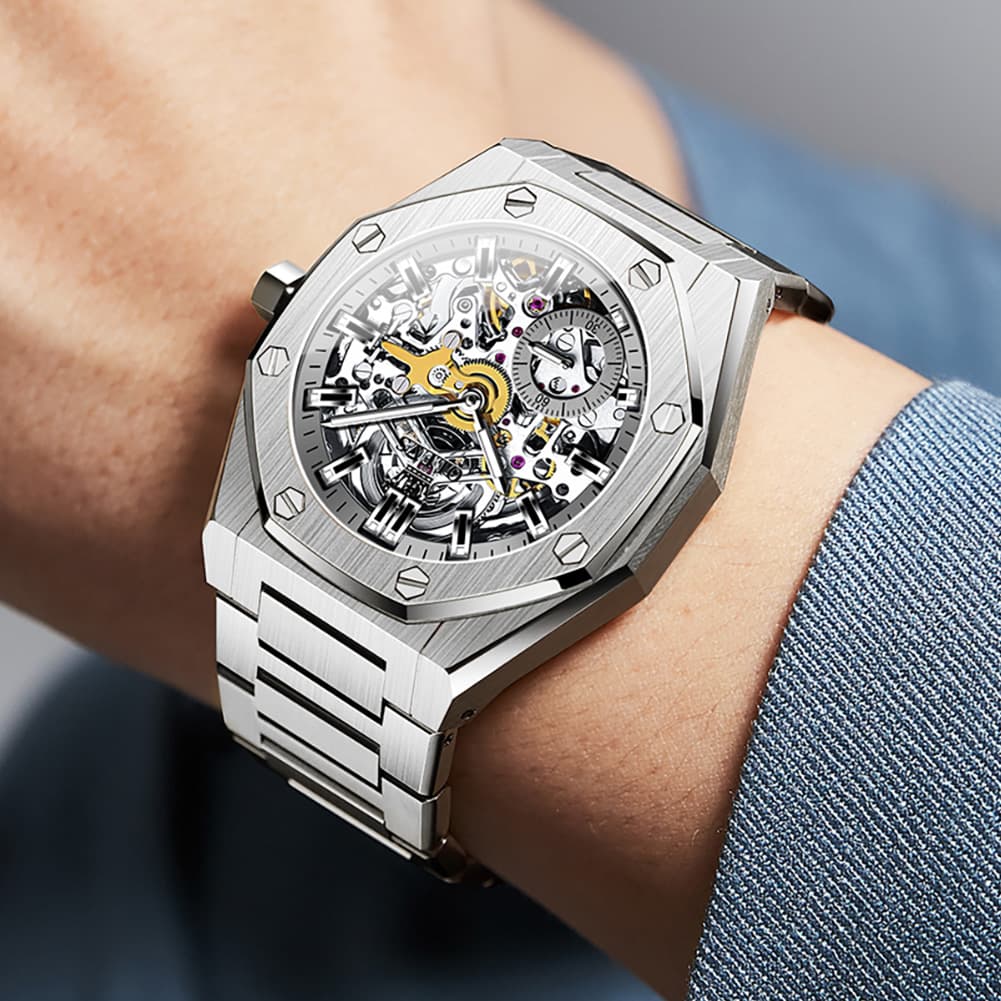 OLEVS 6669 Stainless Steel Octagonal Skeleton Watch for Men - All Black Watch | Olevs Watch Store