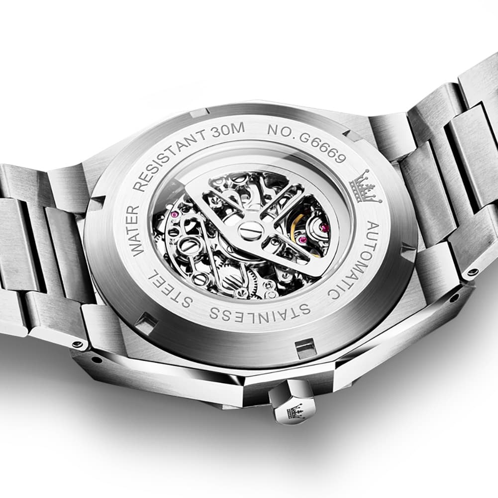 OLEVS 6669 Stainless Steel Octagonal Skeleton Watch for Men - All Black Watch | Olevs Watch Store