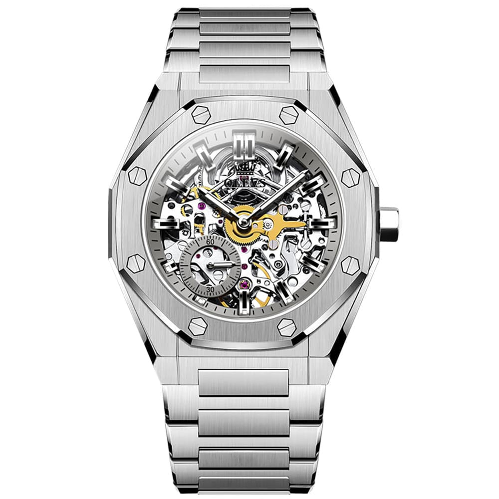 OLEVS 6669 Stainless Steel Octagonal Skeleton Watch for Men - All Black Watch | Olevs Watch Store