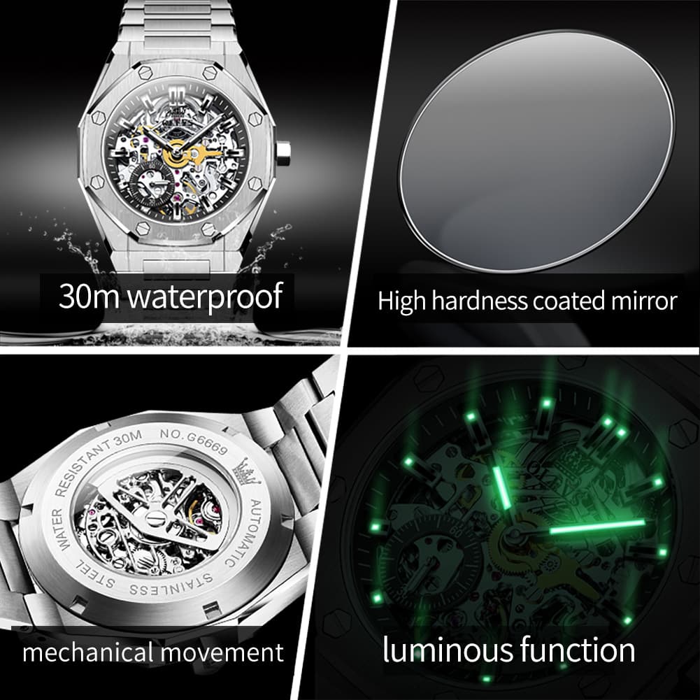 OLEVS 6669 Stainless Steel Octagonal Skeleton Watch for Men - All Black Watch | Olevs Watch Store